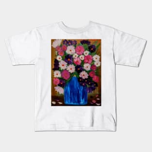 Lovely mixed flowers in a gold trim glass Vass Kids T-Shirt